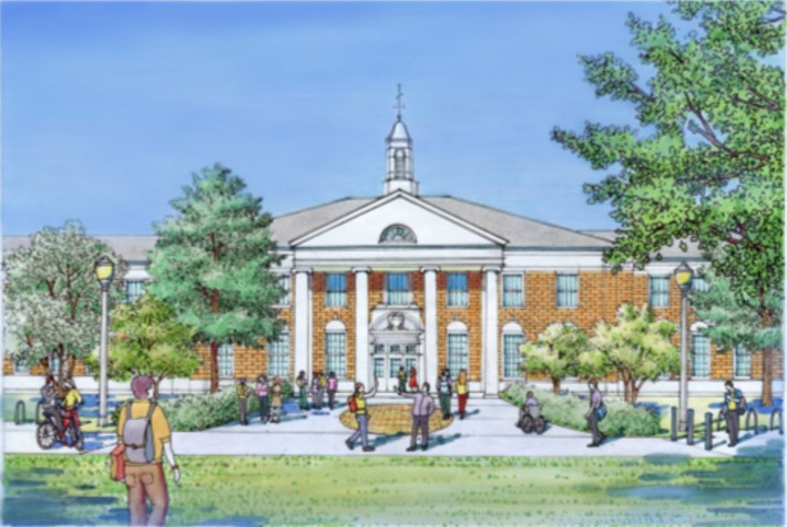 color drawing of brick facade building with white columns and portico roof and windows