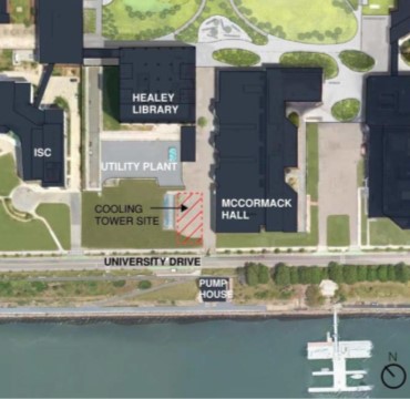 Drawing of campus buildings and University Drive road in front of the buildings and some water with a boat dock at the bottom of the drawing