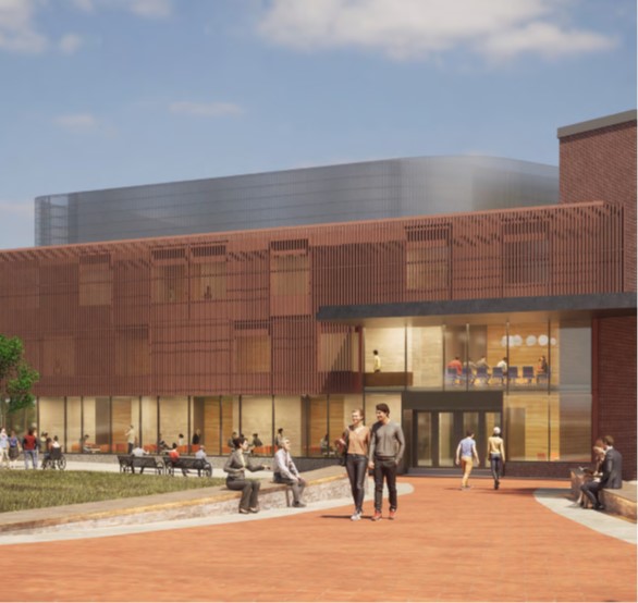 conceptual graphic of building with brick walkway in front leading to glass door entrance of building. There are people walking and some sitting on a small wall along the walkway.