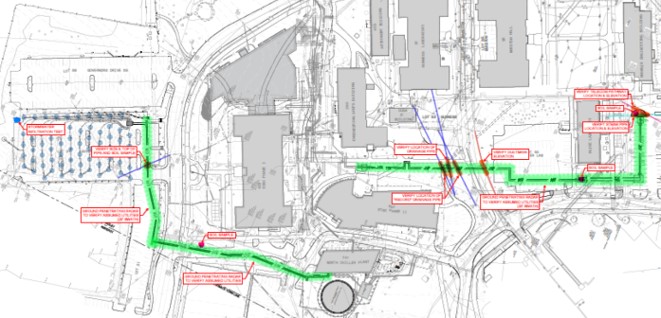 drawing of map of campus showing several buildings and path marked in green showing the thermal wells