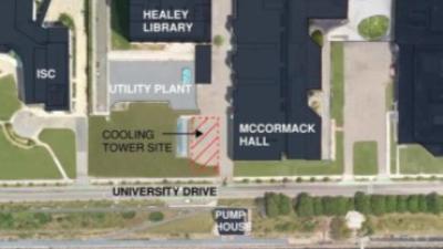 Drawing of campus buildings and University Drive road in front of the buildings and some water with a boat dock at the bottom of the drawing
