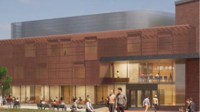 conceptual graphic of building with brick walkway in front leading to glass door entrance of building. There are people walking and some sitting on a small wall along the walkway.